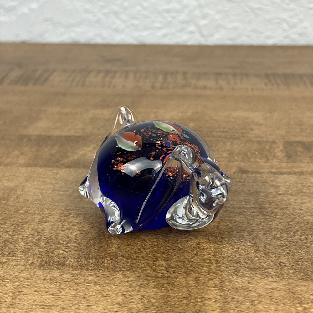 Murano Style Art‎ Glass Sea Turtle W/ Fish Aquarium Figurine Paperweight